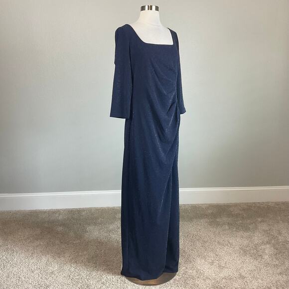 Adrianna Papell Long Sleeved Evening Gown Blue Metallic Size 8 Thigh Slit Formal - Picture 2 of 13